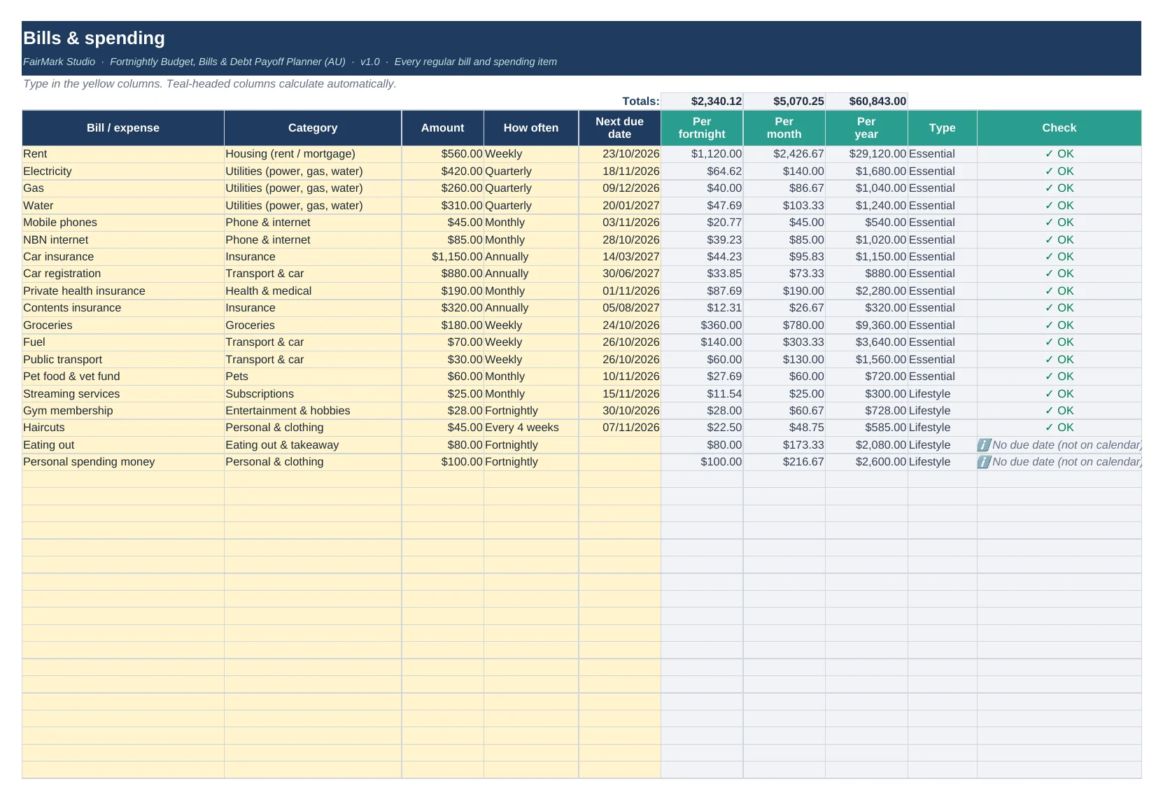 Bills: 80 rows, any frequency, converted to fortnightly