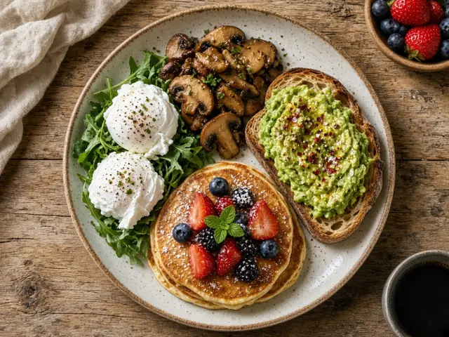 Breakfast plate with poached eggs, avocado toast, mushrooms and berry pancakes