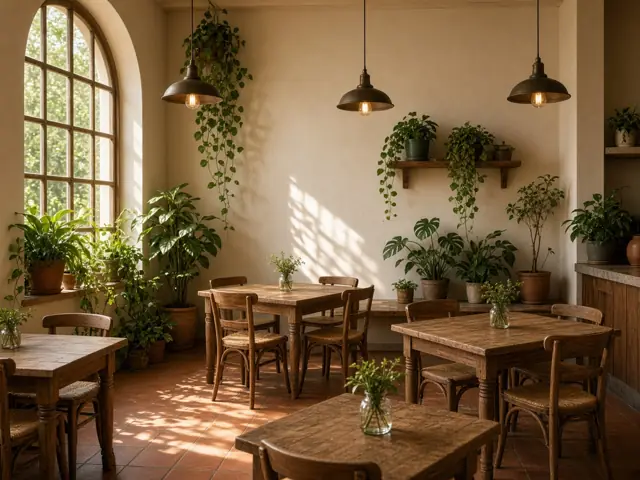 Sunlit café interior with timber tables, pendant lights and plants