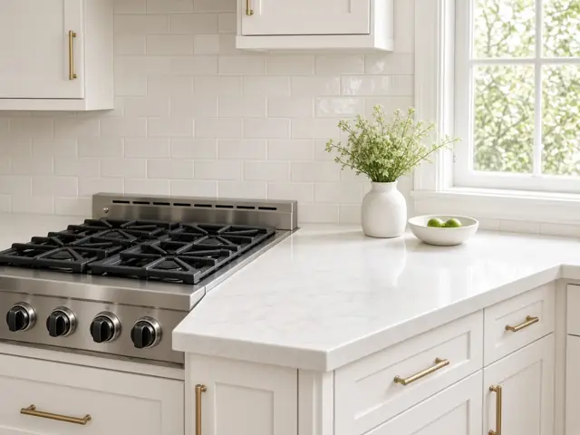 After: gleaming clean stovetop and white stone benches