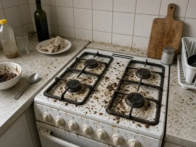 Before: greasy, crumb-covered stovetop and benches