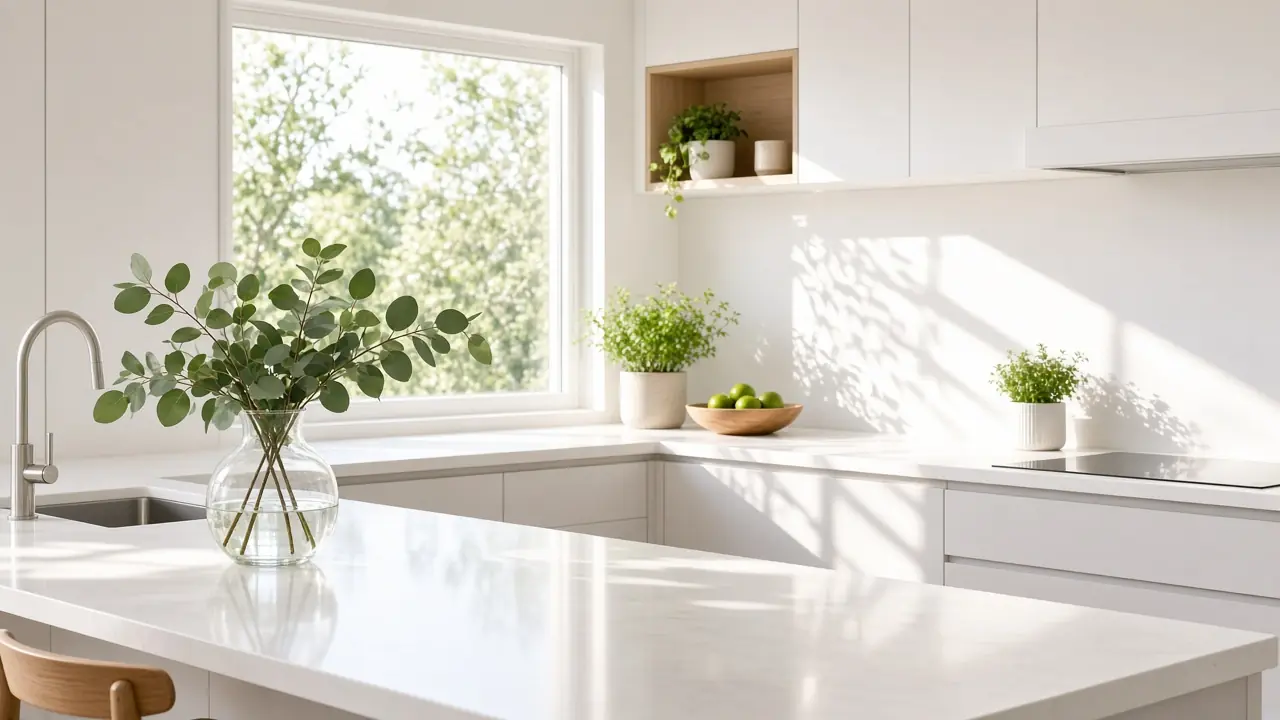 Bright, spotless white kitchen with eucalyptus in a vase