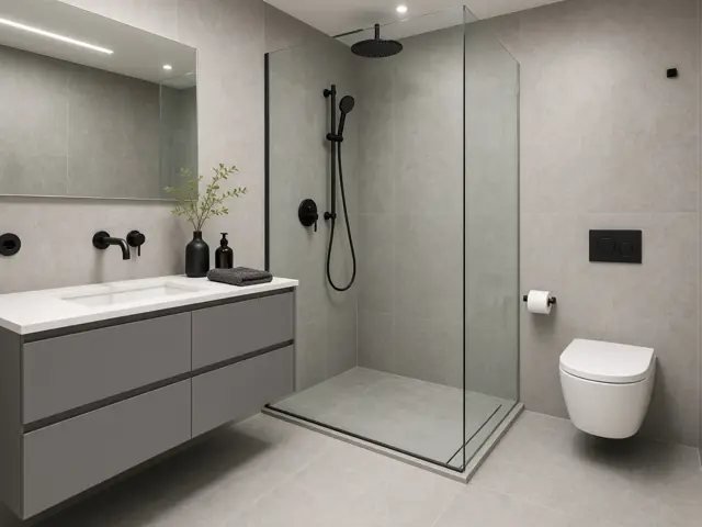 Renovated bathroom with grey tiles, black tapware and frameless shower