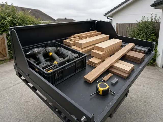 Ute tray with power tools and timber ready for a job
